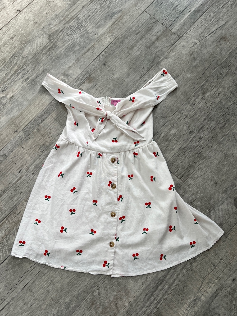 miami White Girly Off-Shoulder Cherry Print Mini Dress w/liner & button  Sz L
